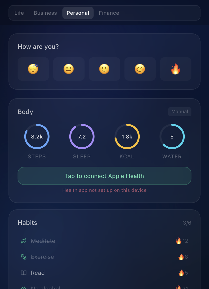 Daedelus on iPhone: the Personal tab with mood, body stats and tabs for Life, Business, Personal and Finance